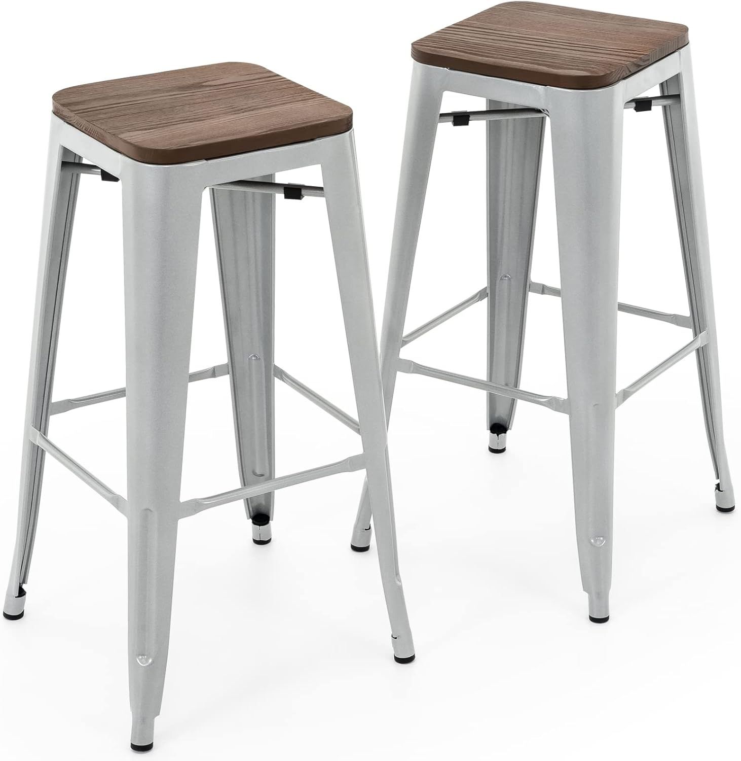 Pearl Grey 30" Backless Swivel Metal Bar Stools with Elm Wood Seat