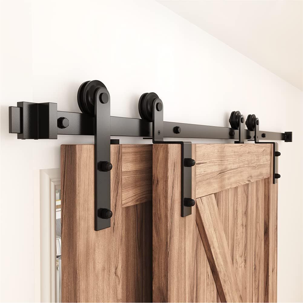 Black Steel 4FT Single Track Bypass Sliding Barn Door Hardware Kit