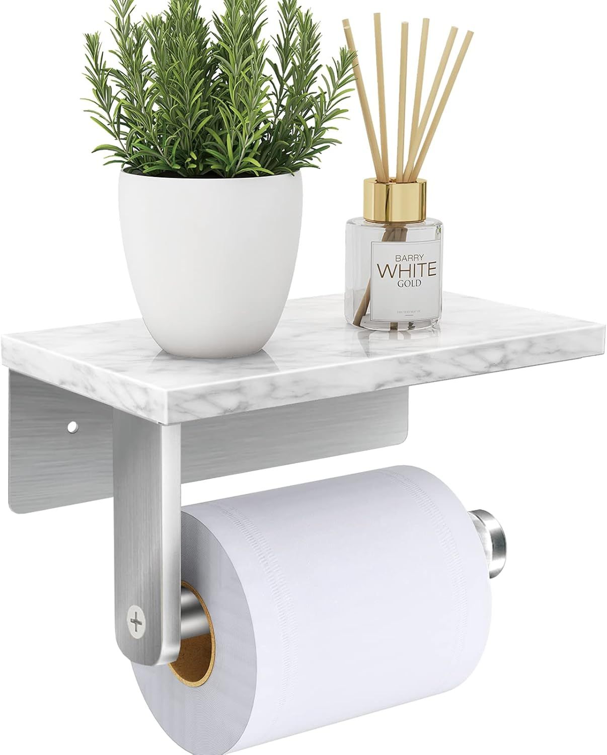 Brushed Nickel Toilet Paper Holder with Marble Shelf