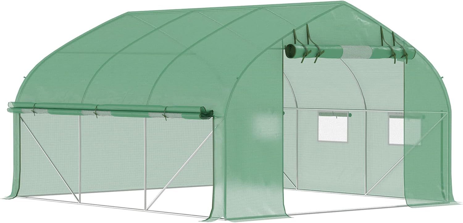 Green Polyethylene Walk-In Tunnel Greenhouse with Roll-Up Door