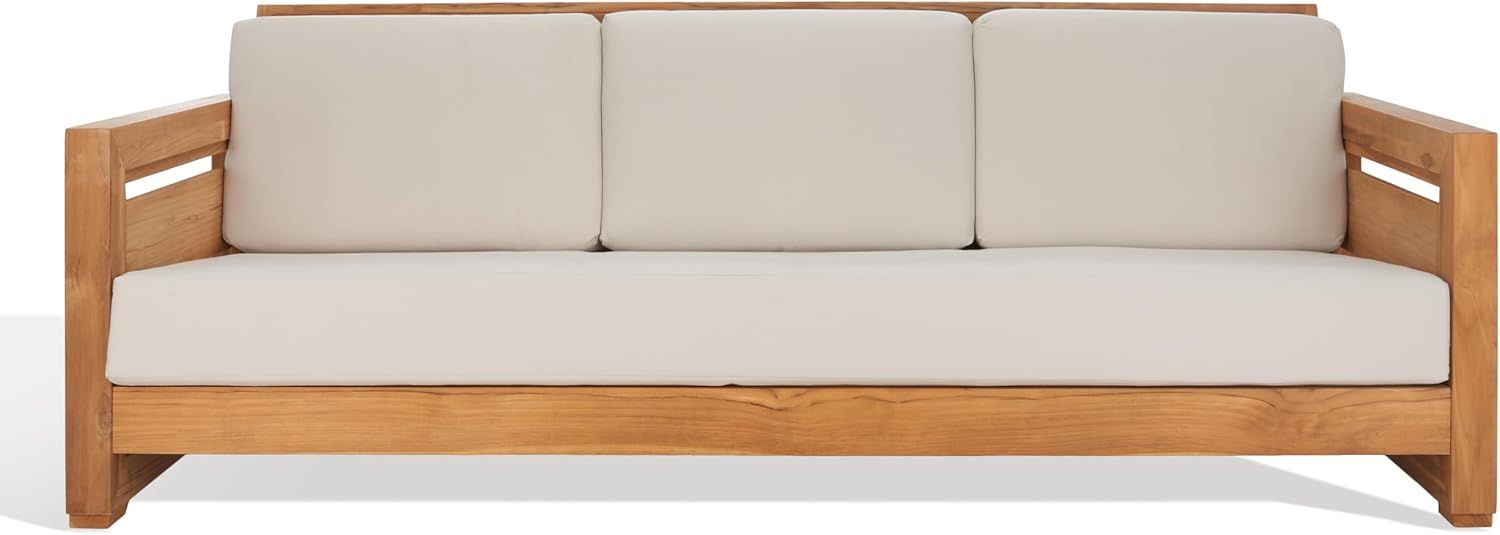 Natural Teak Wood Outdoor 3-Seat Sofa with Cream Cushions