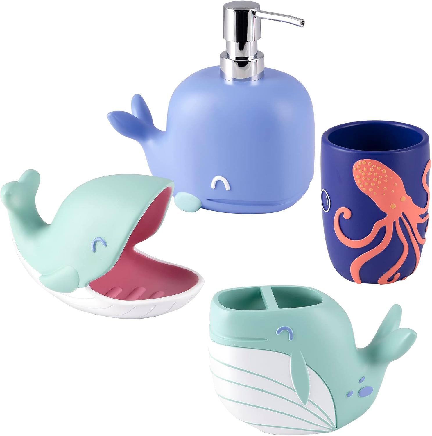 Whimsical Multicolored Ceramic Marine Life Bath Accessory Set