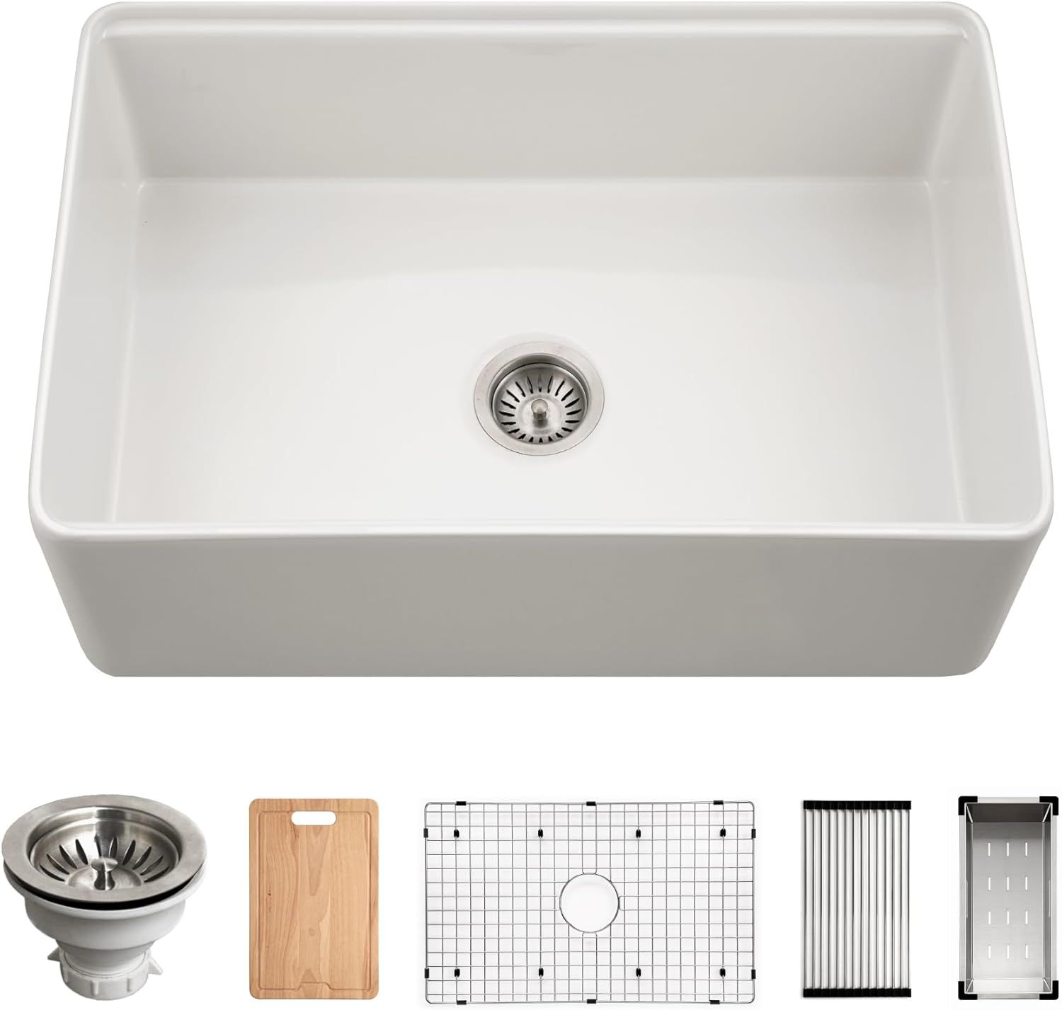 Houzer Aspire 30 inch Matte White Fireclay Farmhouse Apron Front Single Bowl Workstation Sink with Accessories - PTW-3020S MWH