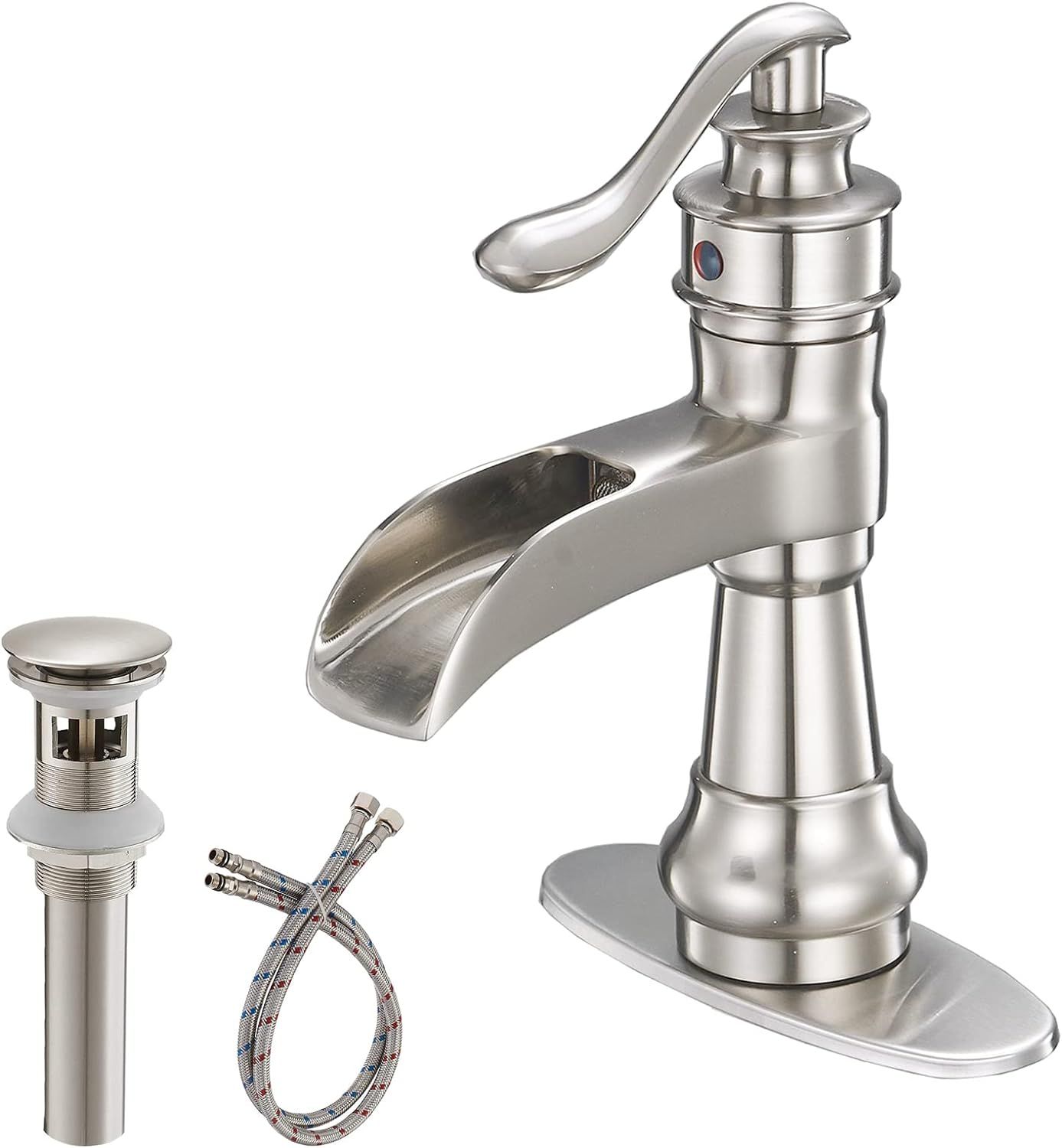 Brushed Nickel Waterfall Single Handle Bathroom Faucet with Pop-Up Drain