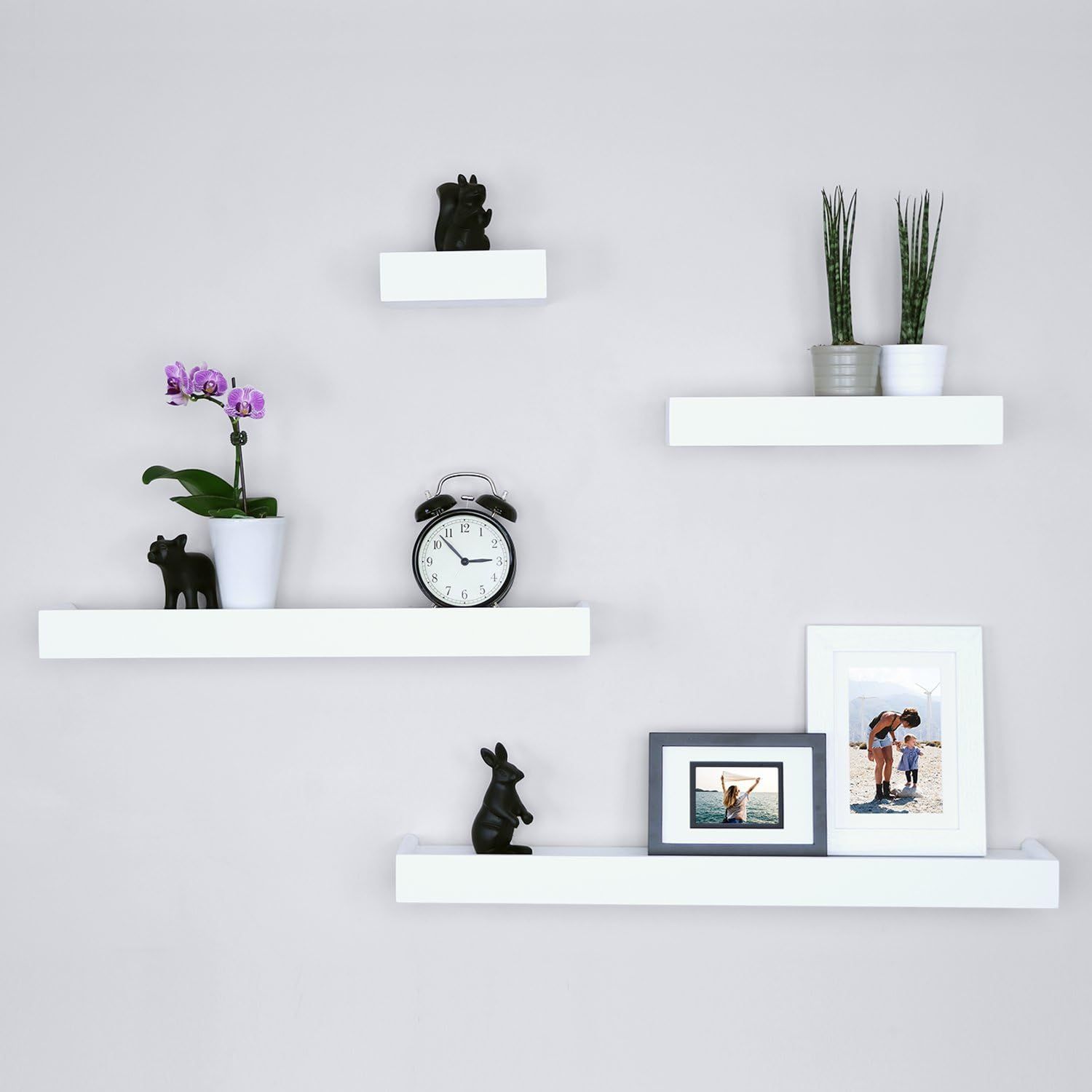 White Wood Floating Wall Shelves with Front Lip, Set of 4