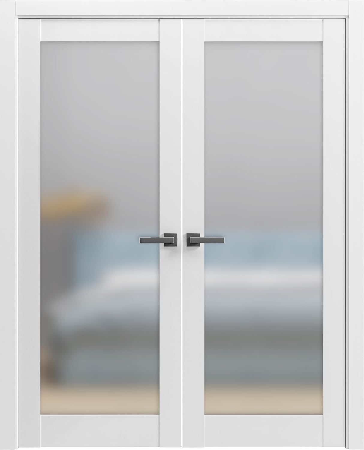 60 x 80 White Solid Wood French Double Doors with Frosted Glass