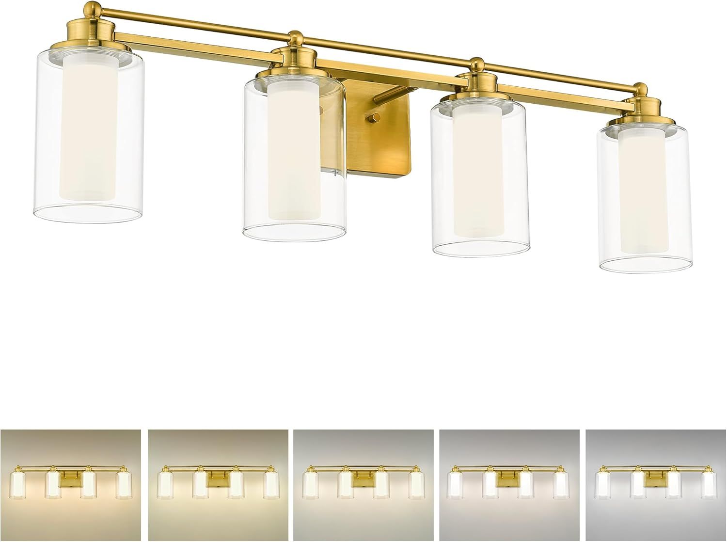 Brushed Gold 4-Light Dimmable Vanity Light with Clear Glass Shades