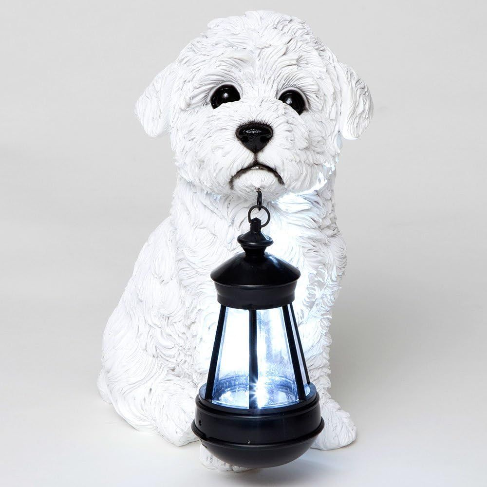 White Resin Bichon Dog Solar Lantern Statue with LED Light