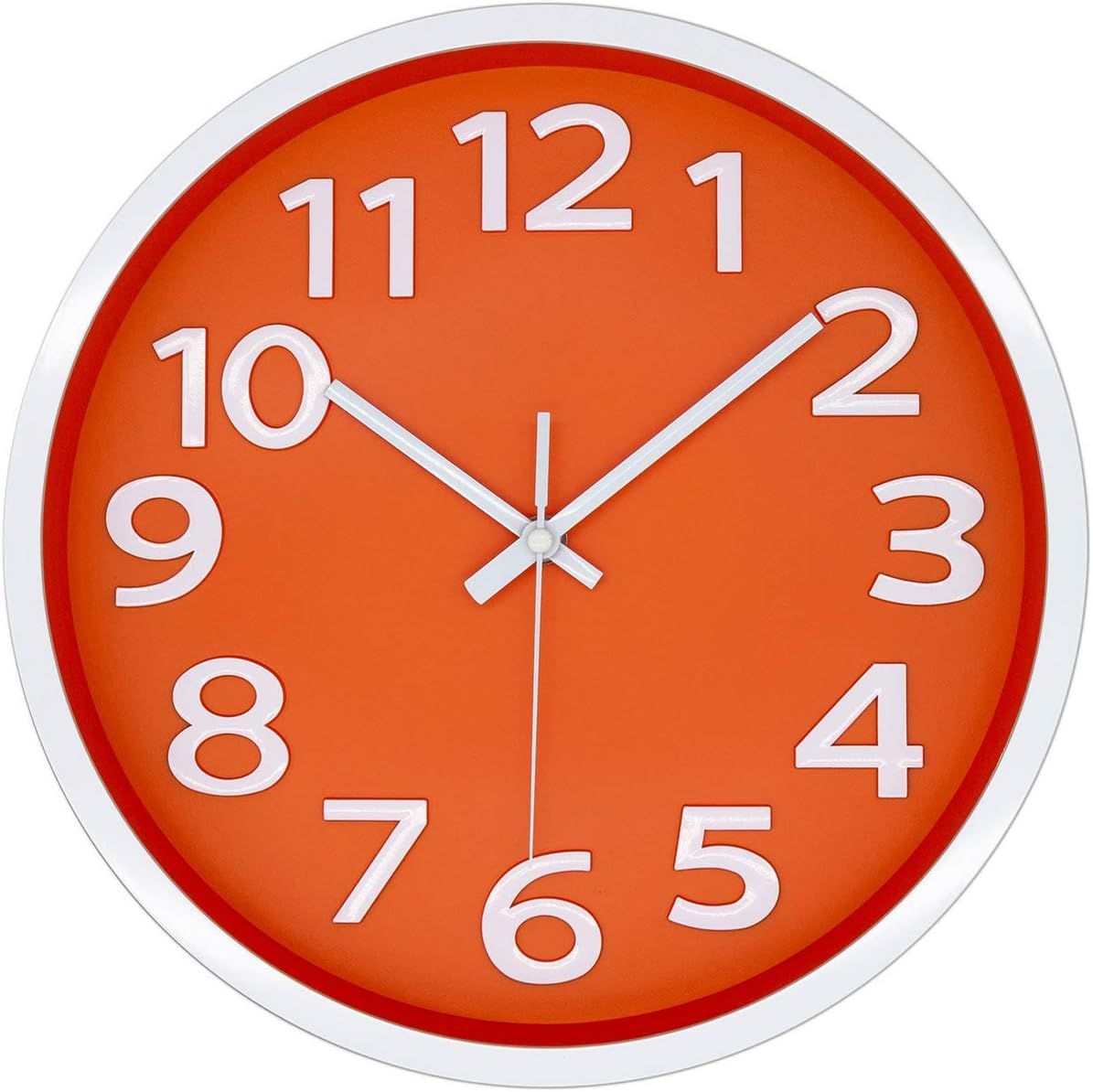 12-Inch Orange Modern Silent Analog Wall Clock with 3D Numbers