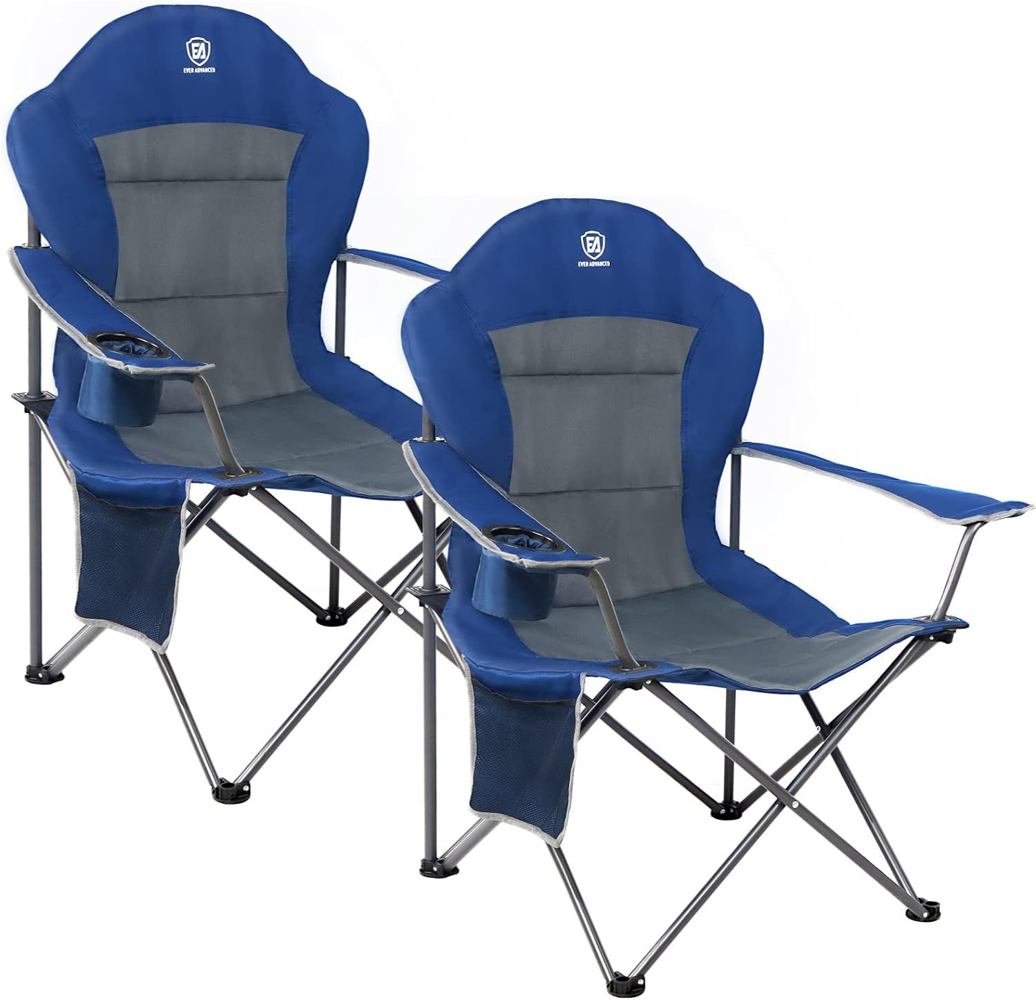 Blue and Gray Ergonomic Folding Camping Chairs with Arms, Set of 2