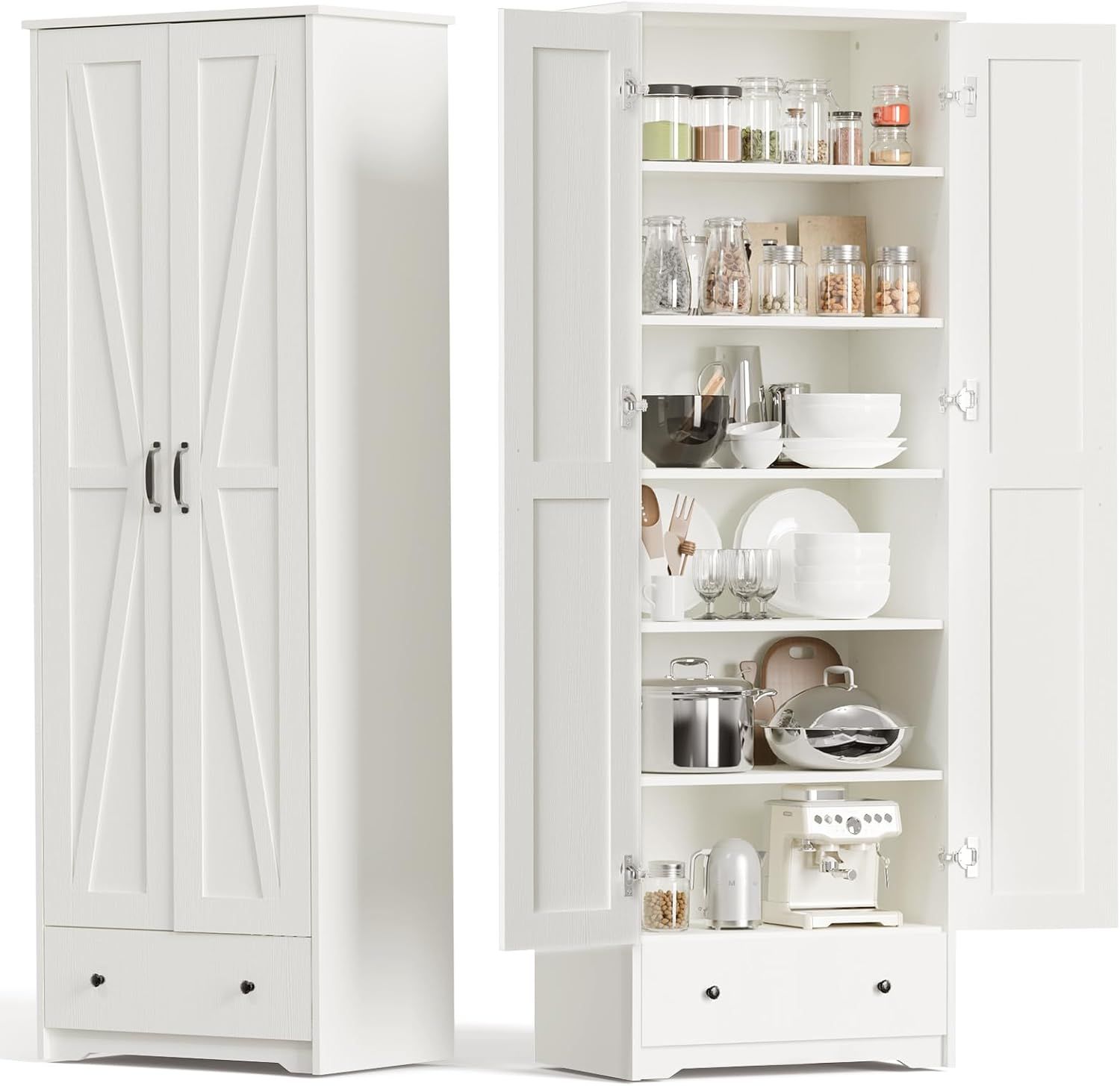 70'' White Farmhouse Wood Kitchen Pantry Cabinet with Adjustable Shelves