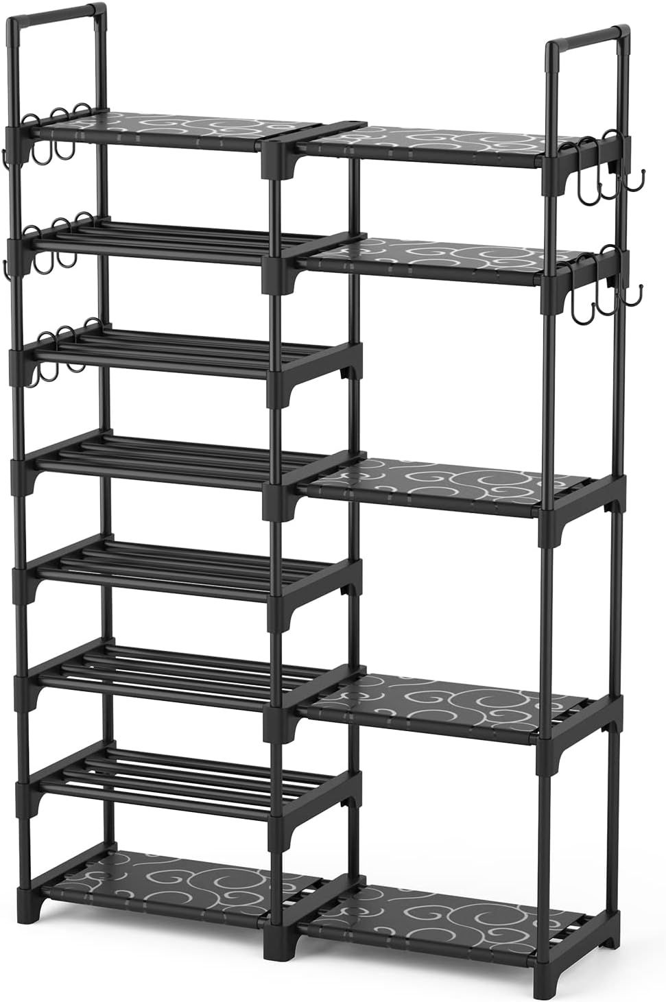 Black 8-Tier Metal Shoe Rack with Hooks