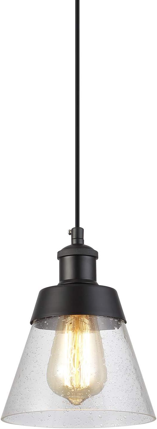 Matte Black Mini Pendant Light with Clear Seeded Glass Shade