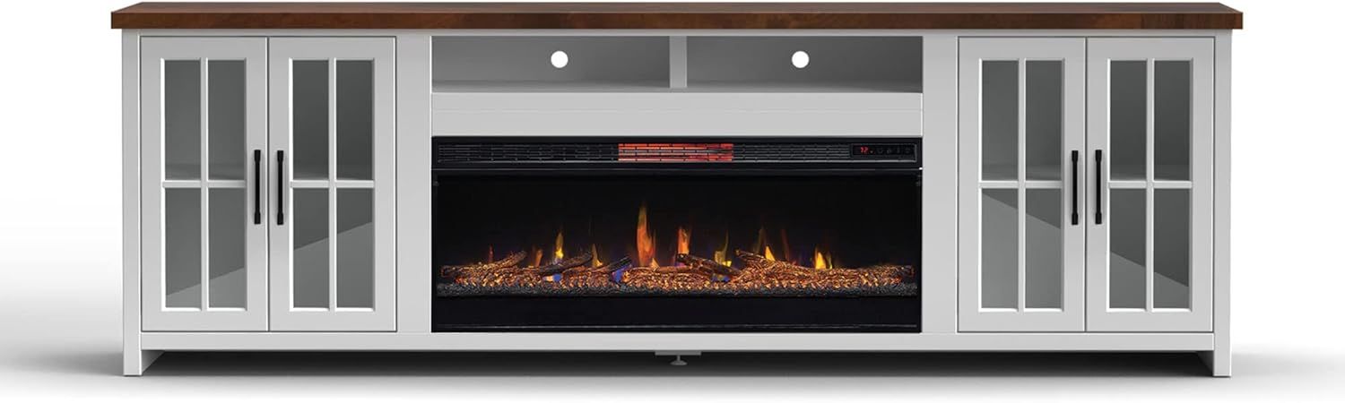 Hampton 97" White Wood Fireplace TV Stand with Cabinets