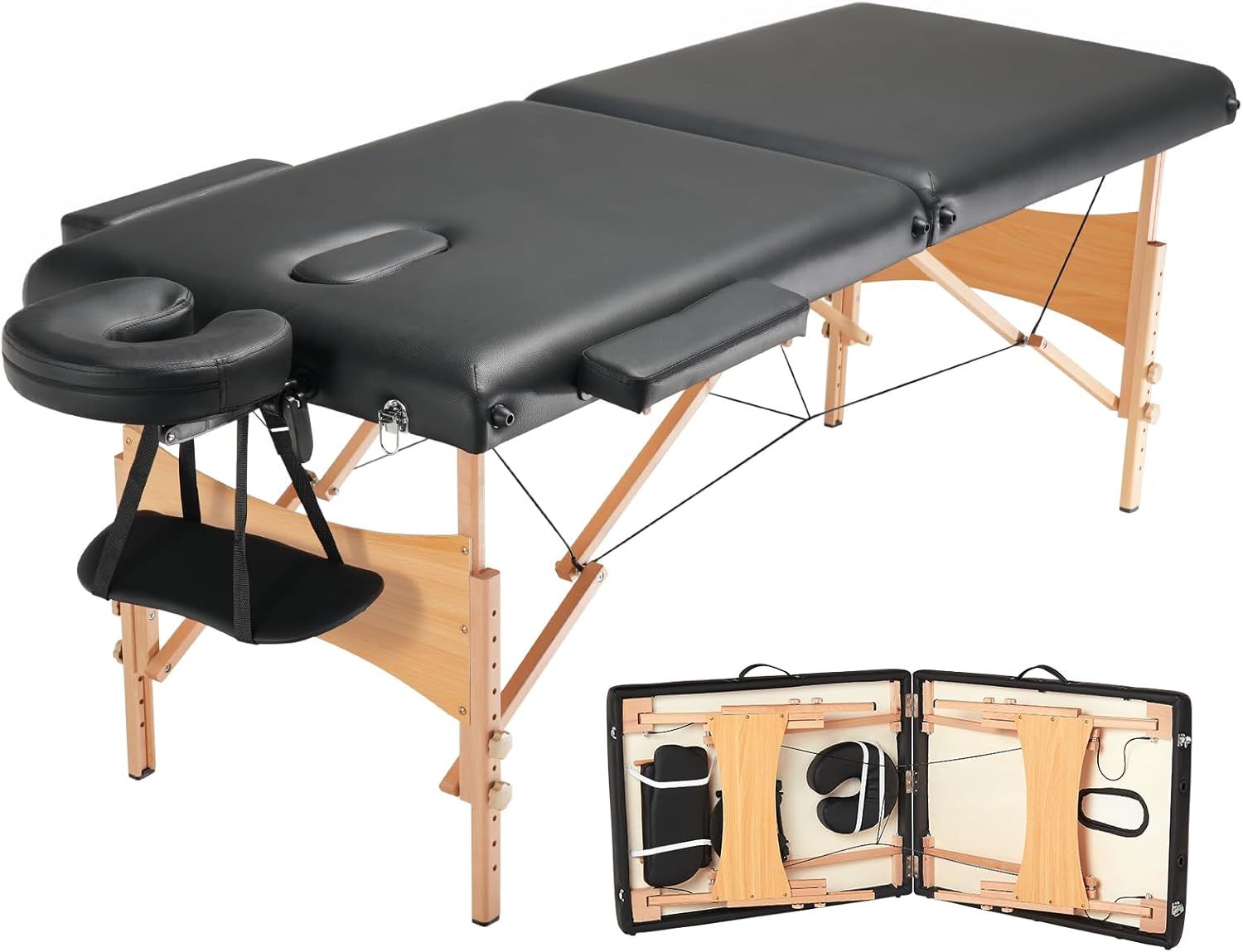 Black and Beechwood Adjustable Portable Massage Table with PVC Leather