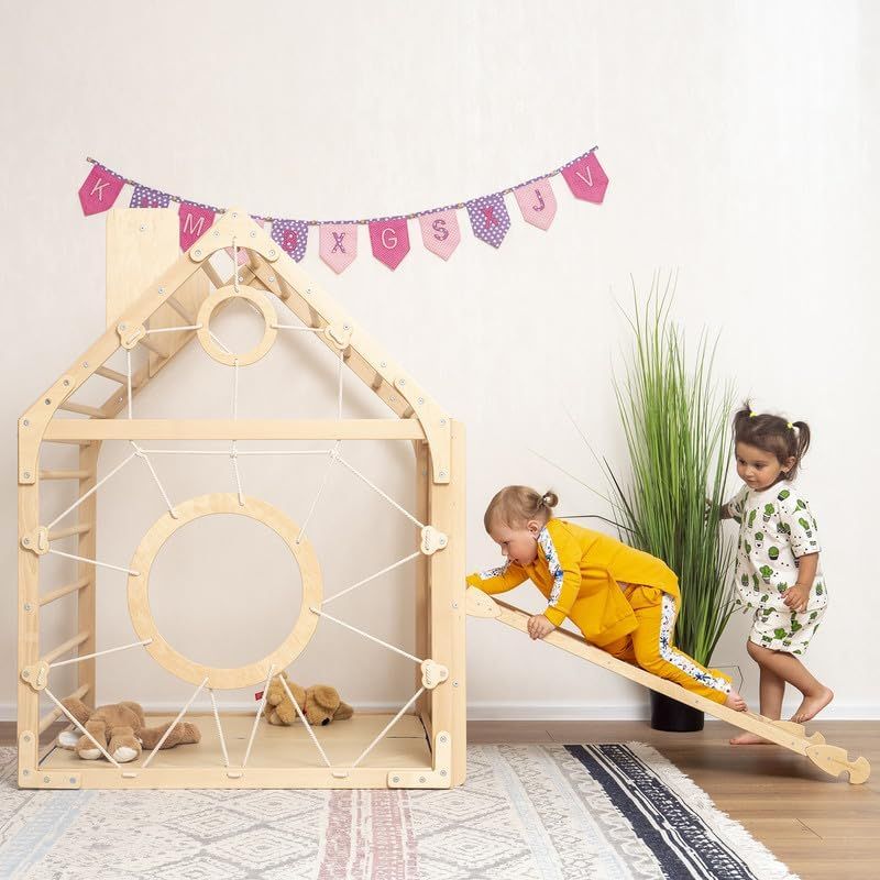 Natural Wood Indoor Climbing Playhouse with Slide