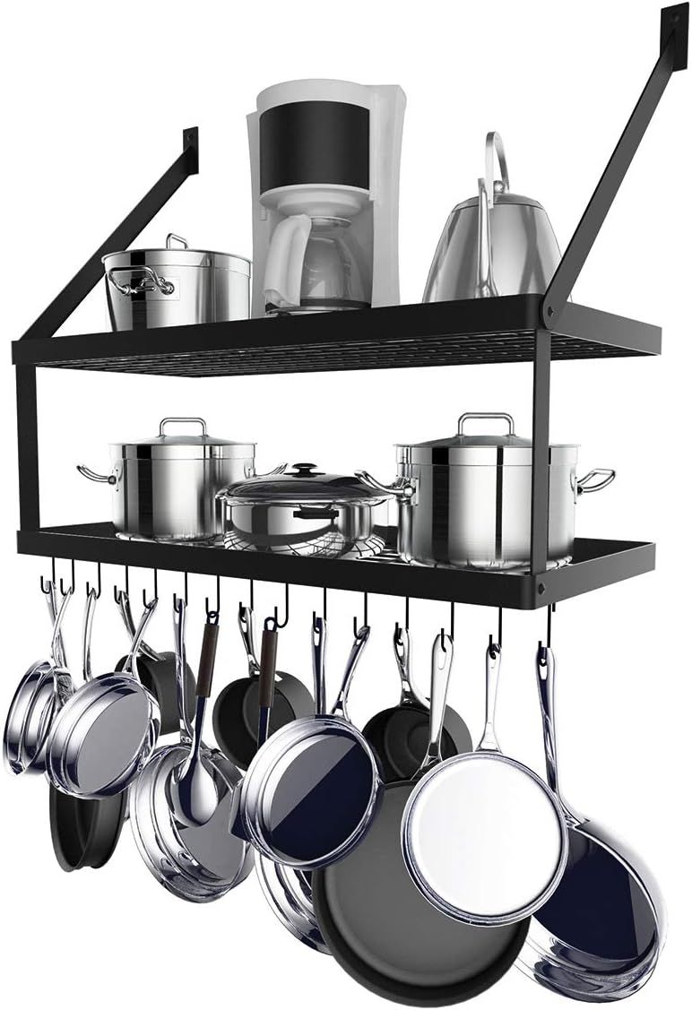 Black Metal Wall Mount 2-Tier Pot Rack with Hooks