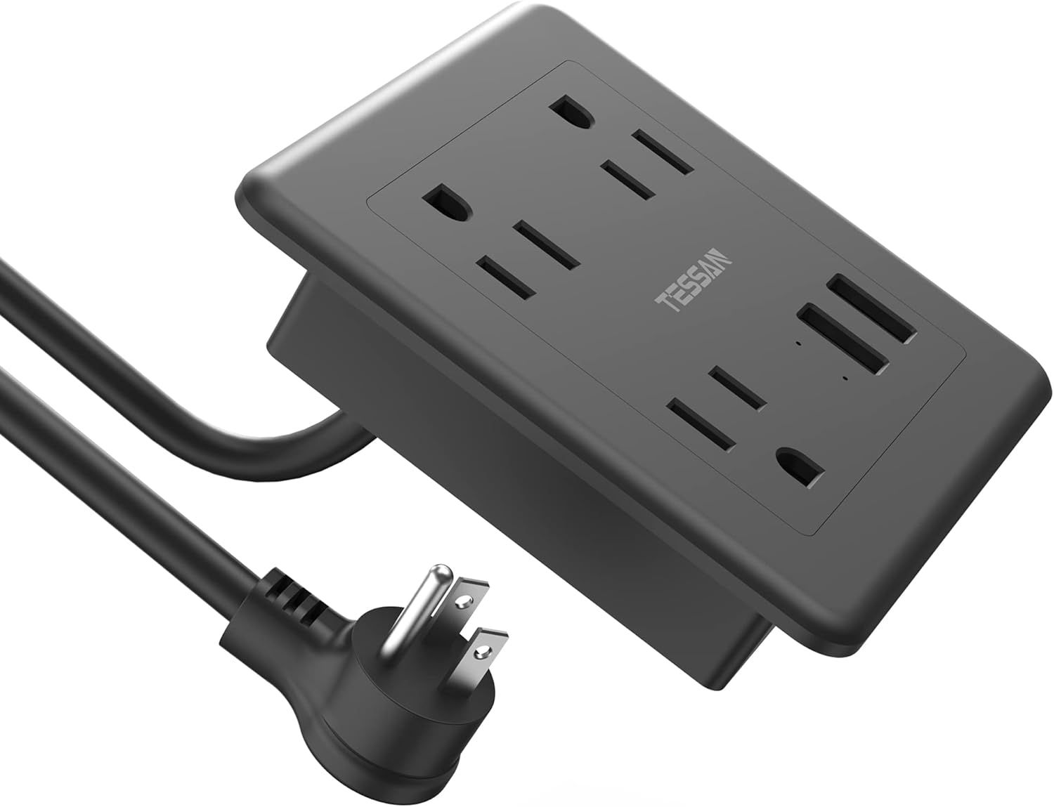 Black Recessed Power Strip with USB Ports and Surge Protector