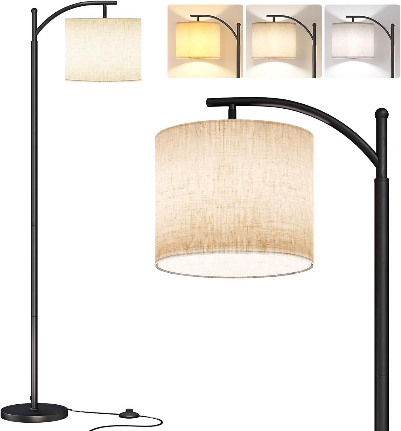 Adjustable Black Metal Arc Floor Lamp with Linen Shade