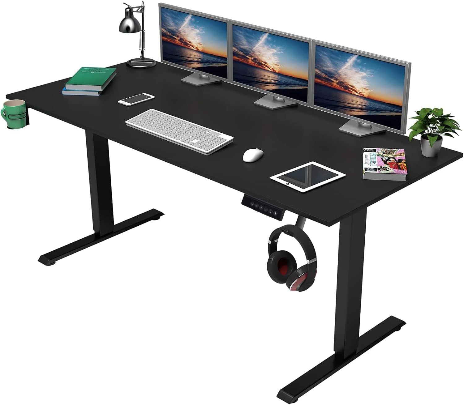 Black Adjustable Height Standing Desk with Drawer and Cup Holder