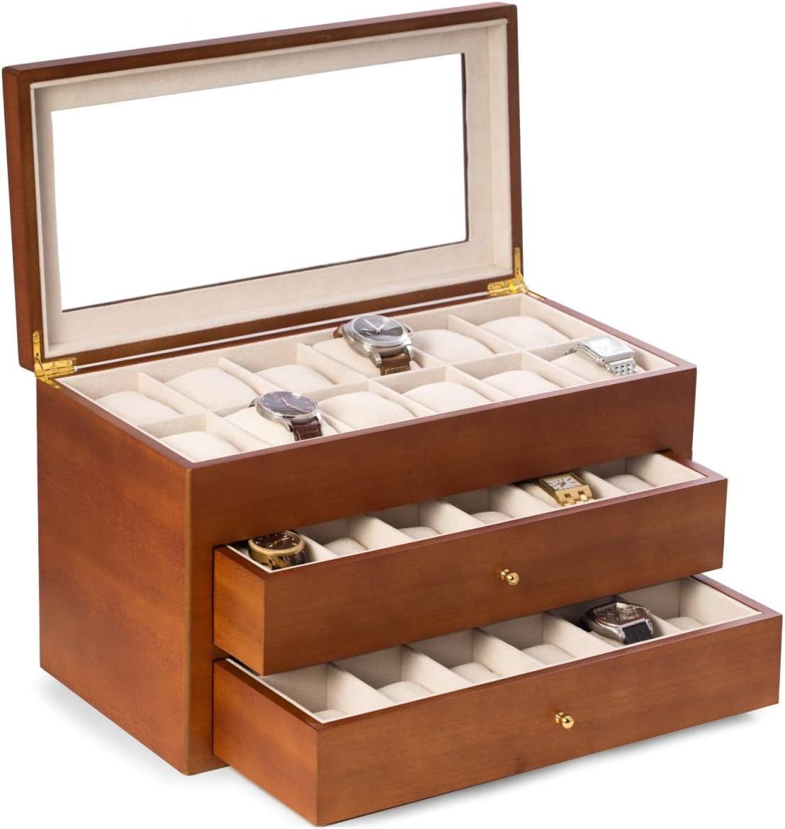 Cherry Wood 36-Slot Watch Box with Glass Display