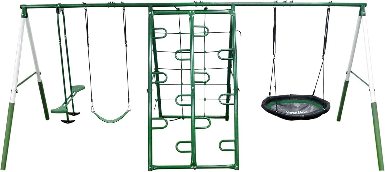 Green and White Alloy Steel Swing and Climbing Playset