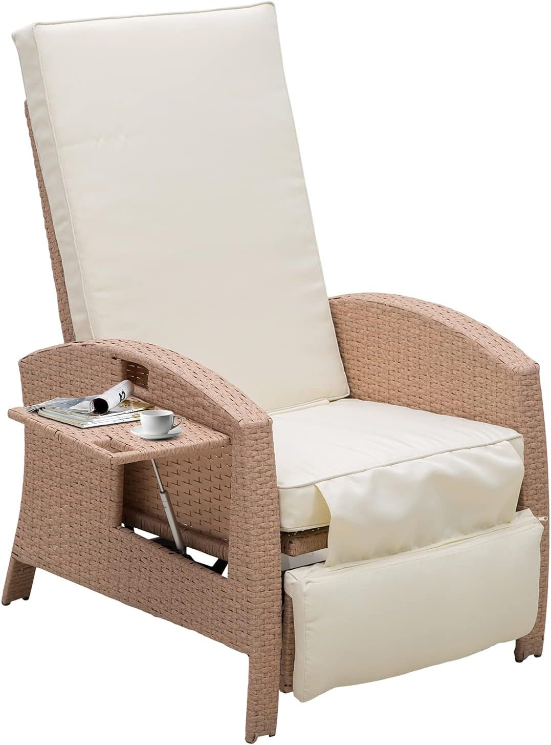 Beige Wicker Outdoor Recliner with Cushions and Tray