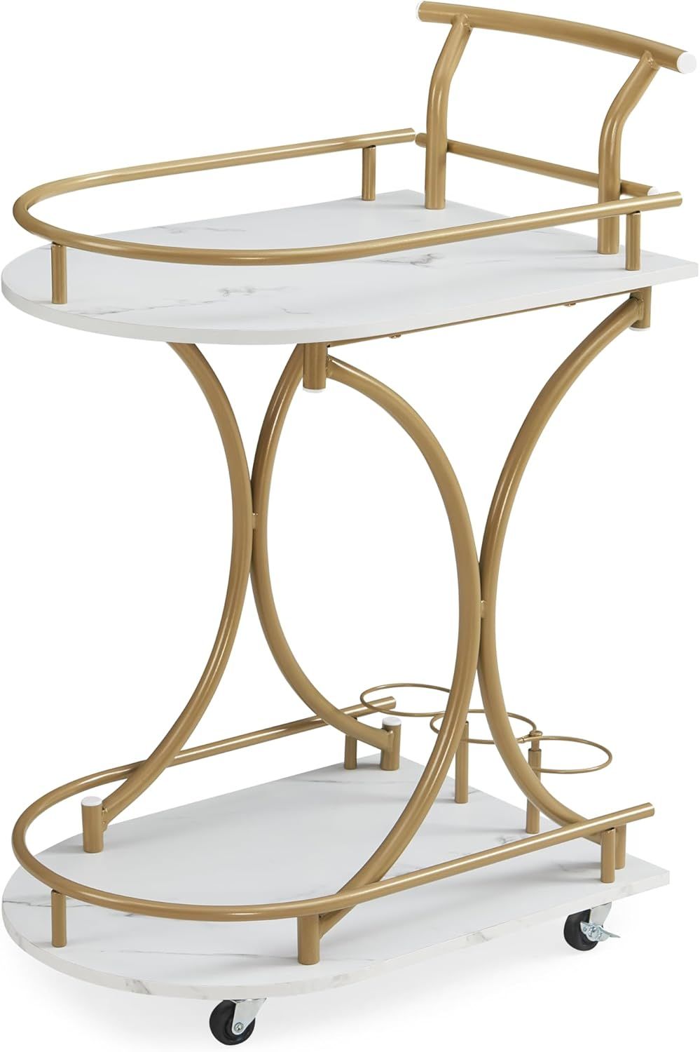 Gold and White Metal Kitchen Cart with Wine Rack and Storage