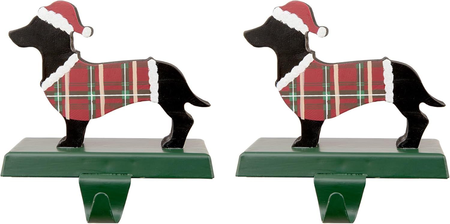 Plaid Dachshund Wooden and Metal Christmas Stocking Holders, Set of 2