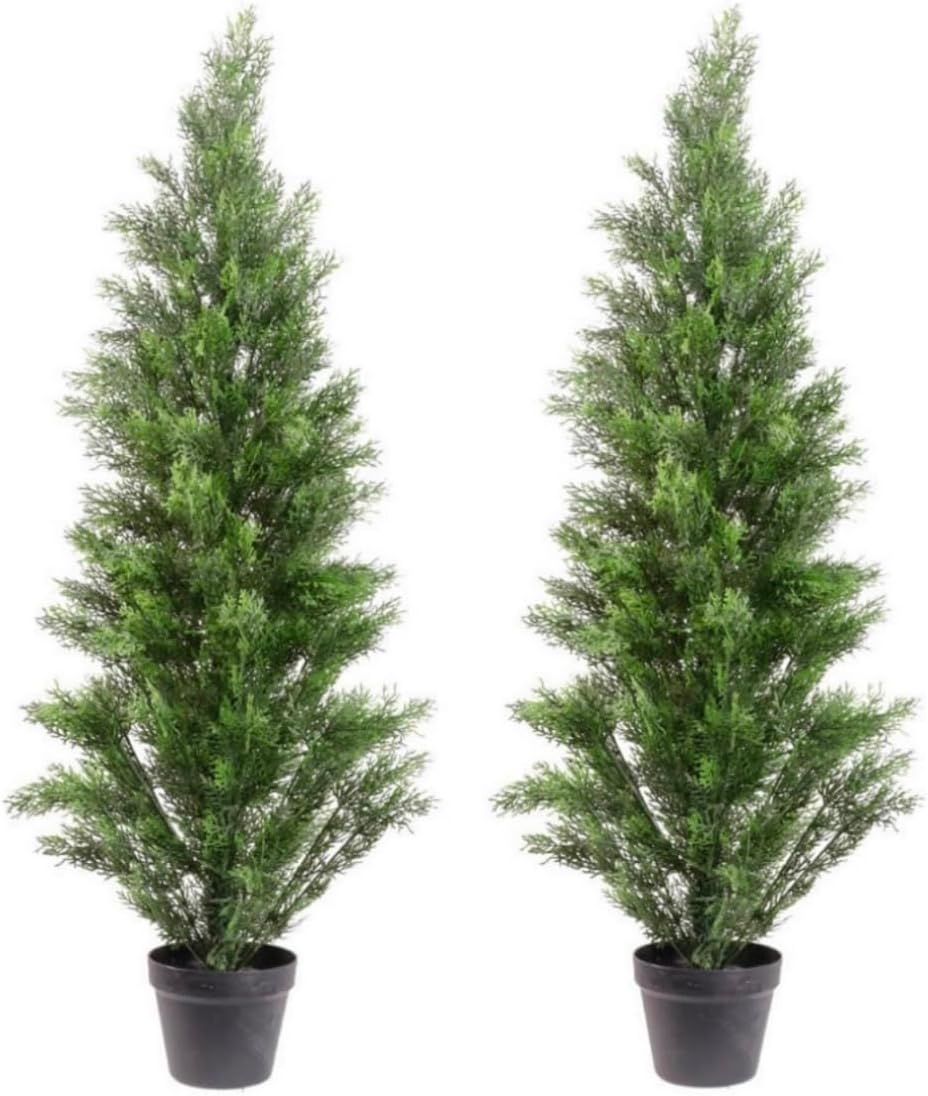 Set of 2 UV-Resistant 4ft Artificial Cedar Trees in Black Pots