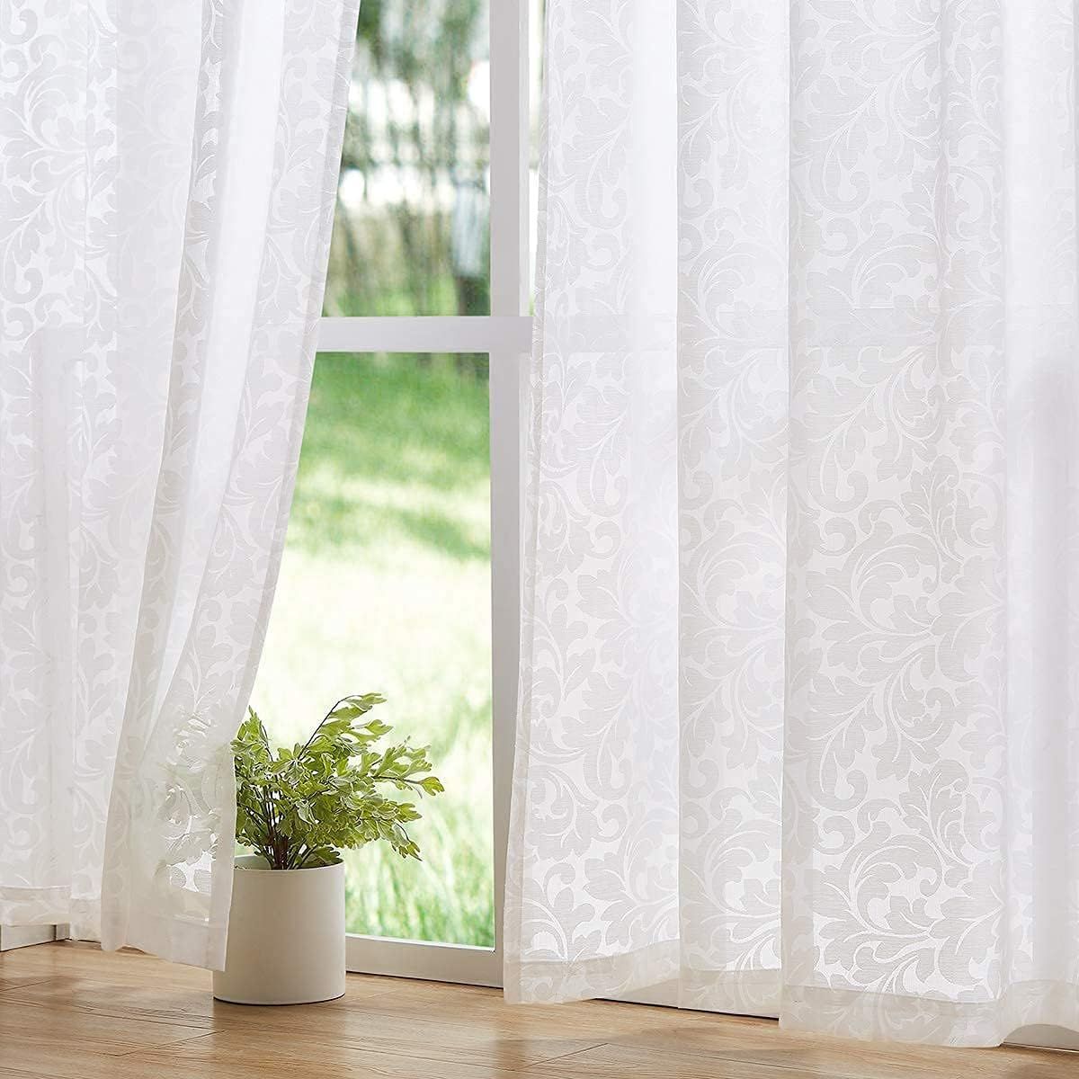 White Sheer Damask Floral Rod Pocket Curtain Panels