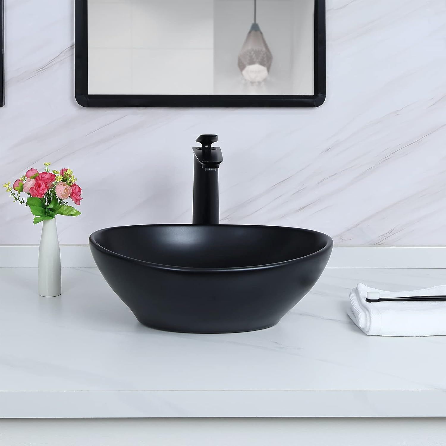 Matte Black Oval Ceramic Vessel Sink with Pop-Up Drain