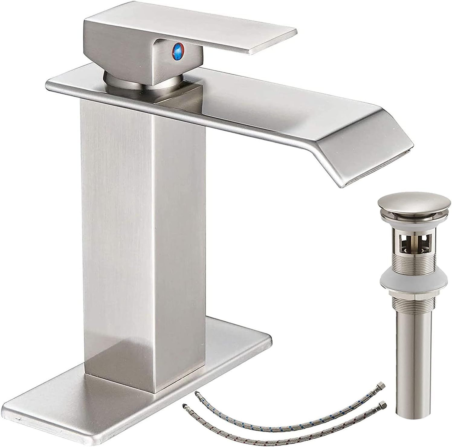 Brushed Nickel Single Handle Waterfall Bathroom Faucet with Pop Up Drain