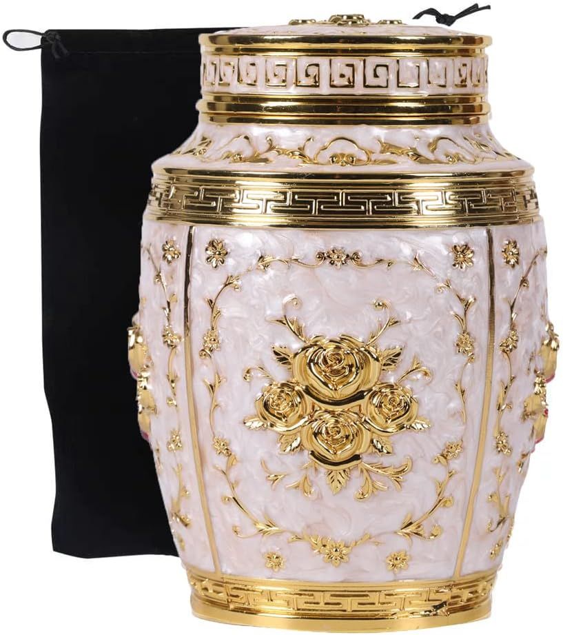 Gold and White Rose Embellished Medium Metal Urn