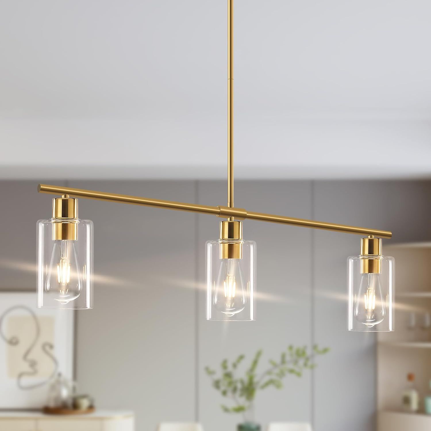 Gold Linear 3-Light Pendant with Clear Glass Shades