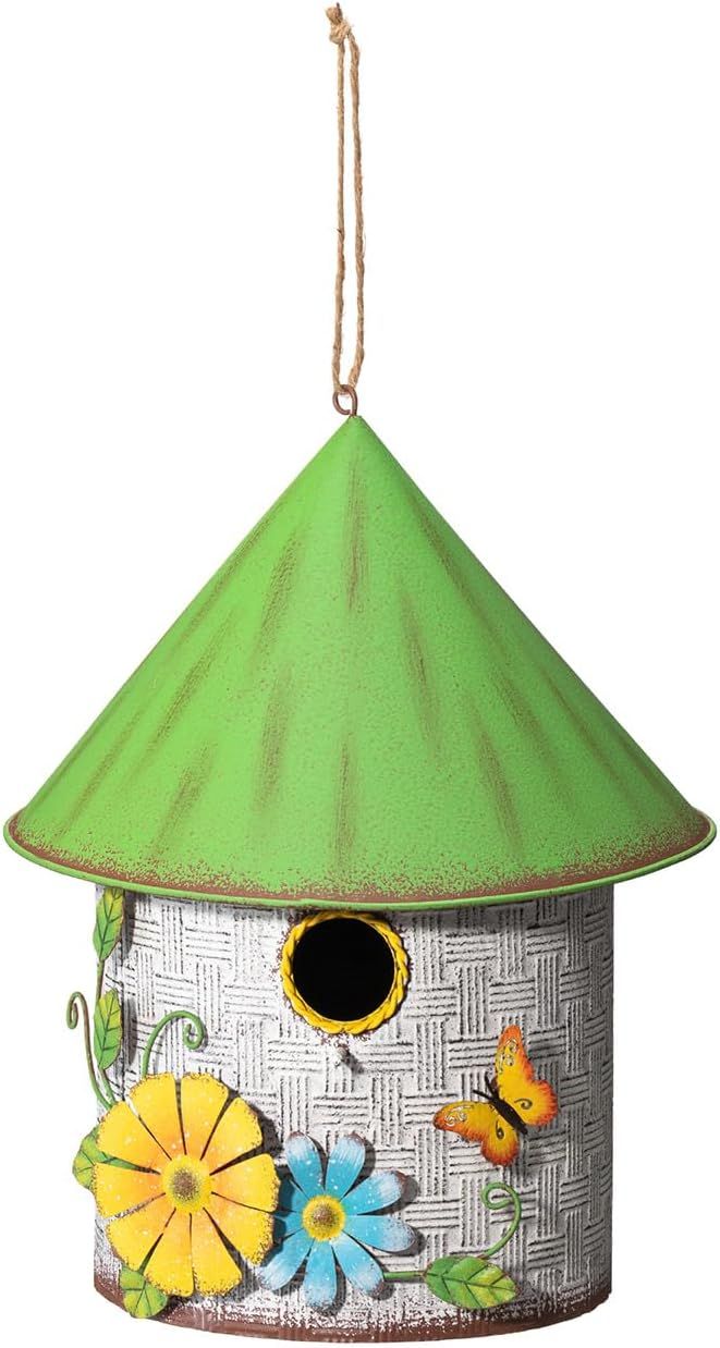 Distressed Metal Cottage Birdhouse with 3D Flowers and Butterfly