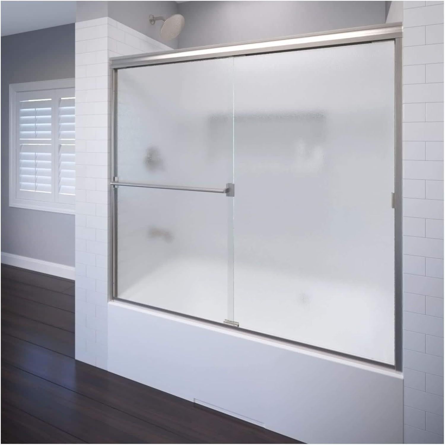 Classic Brushed Nickel Sliding Bathtub Shower Door with Obscure Glass