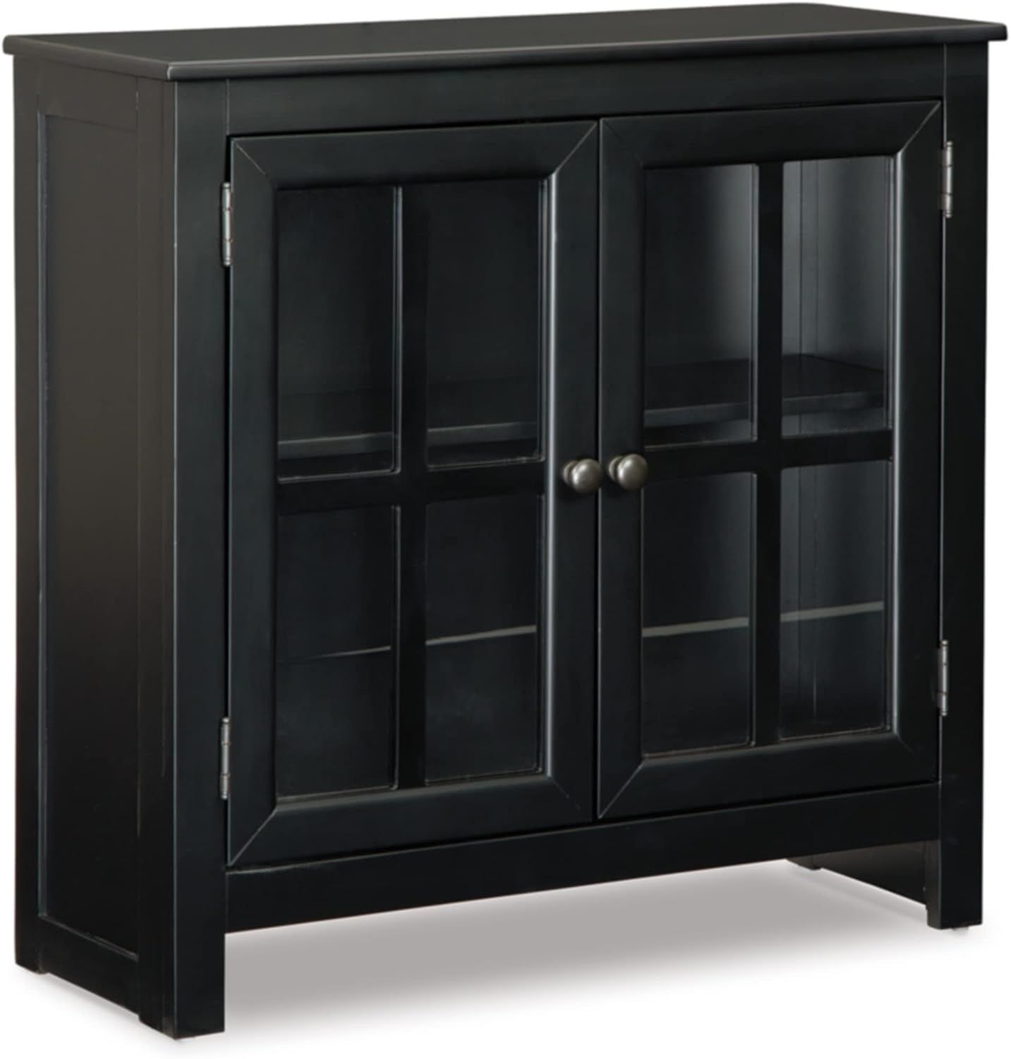 Transitional Black Wood Accent Cabinet with Lattice Doors and Adjustable Shelving