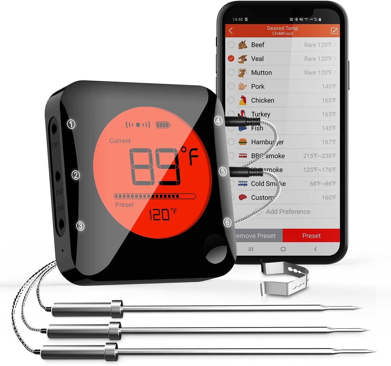 Black Wireless Digital Meat Thermometer with 3 Probes