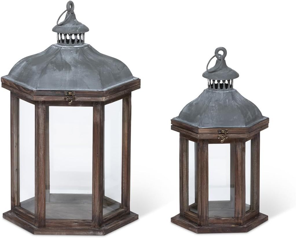 Rustic Reclaimed Wood and Metal Candle Lantern Set