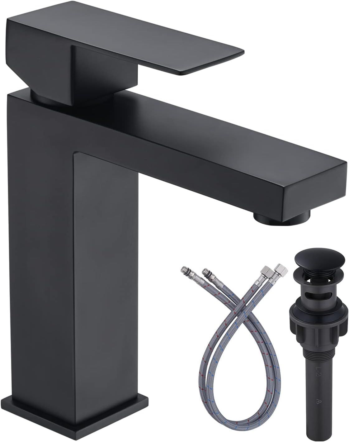 Matte Black Modern Single Hole Bathroom Faucet with Supply Lines