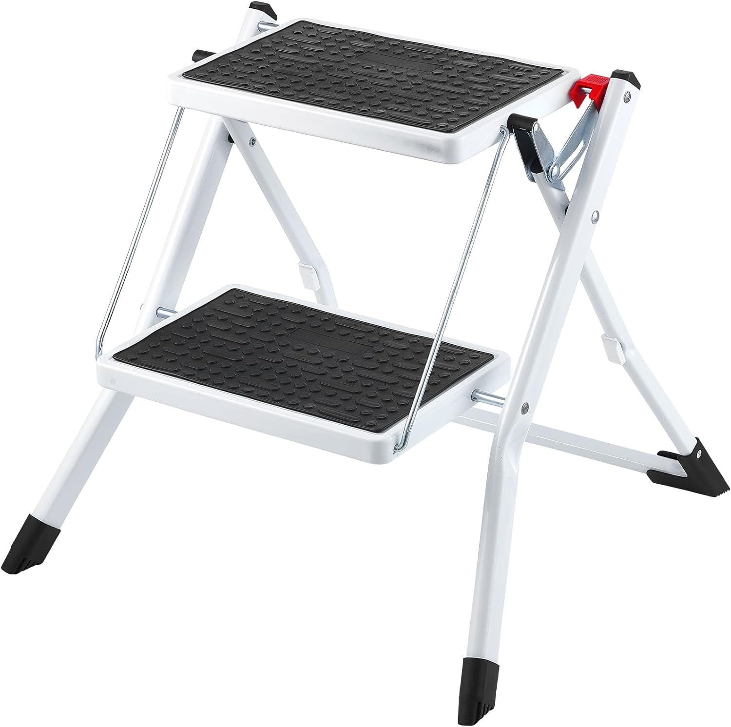 Foldable White Steel 2-Step Ladder with Anti-Slip Pedal