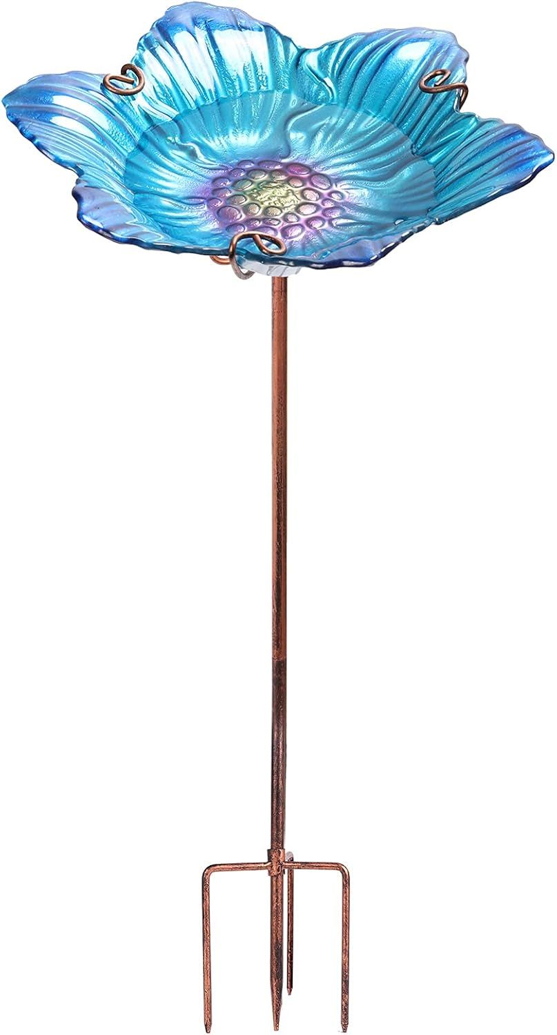 Blue Glass Flower Bird Bath with Metal Stake