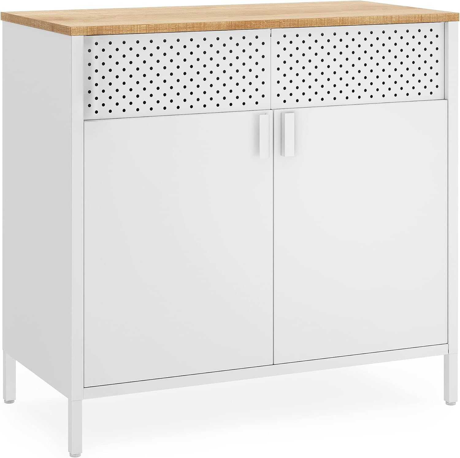 Natural and White Metal Storage Cabinet with Adjustable Shelf