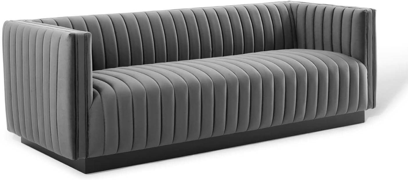 Gray Tufted Velvet Tuxedo Arm Sofa with Wood Base