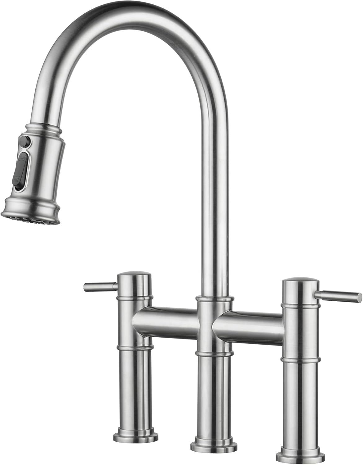 Brushed Nickel Double Handle Bridge Kitchen Faucet with Pull Down Sprayer