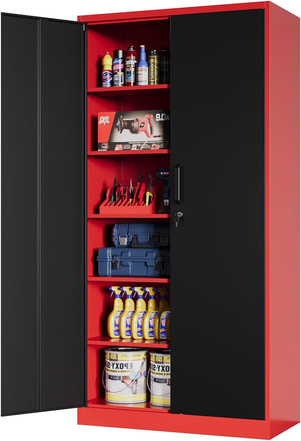 Tall Black and Red Steel Garage Storage Cabinet with Locking Doors