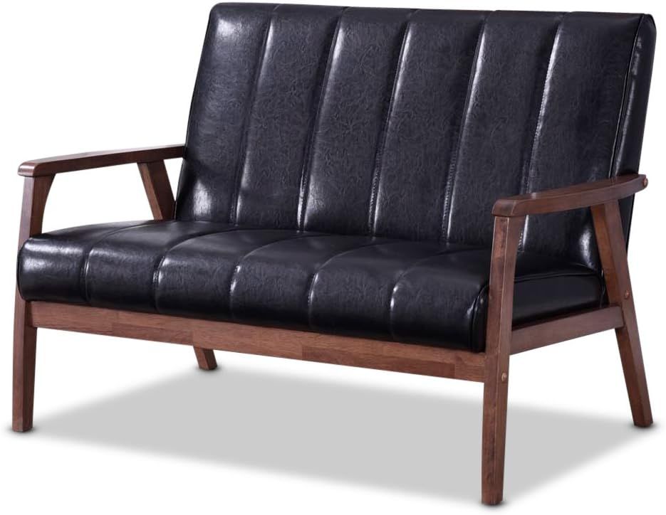 Nikko Compact 2-Seater Black Faux Leather Loveseat with Solid Wood Frame