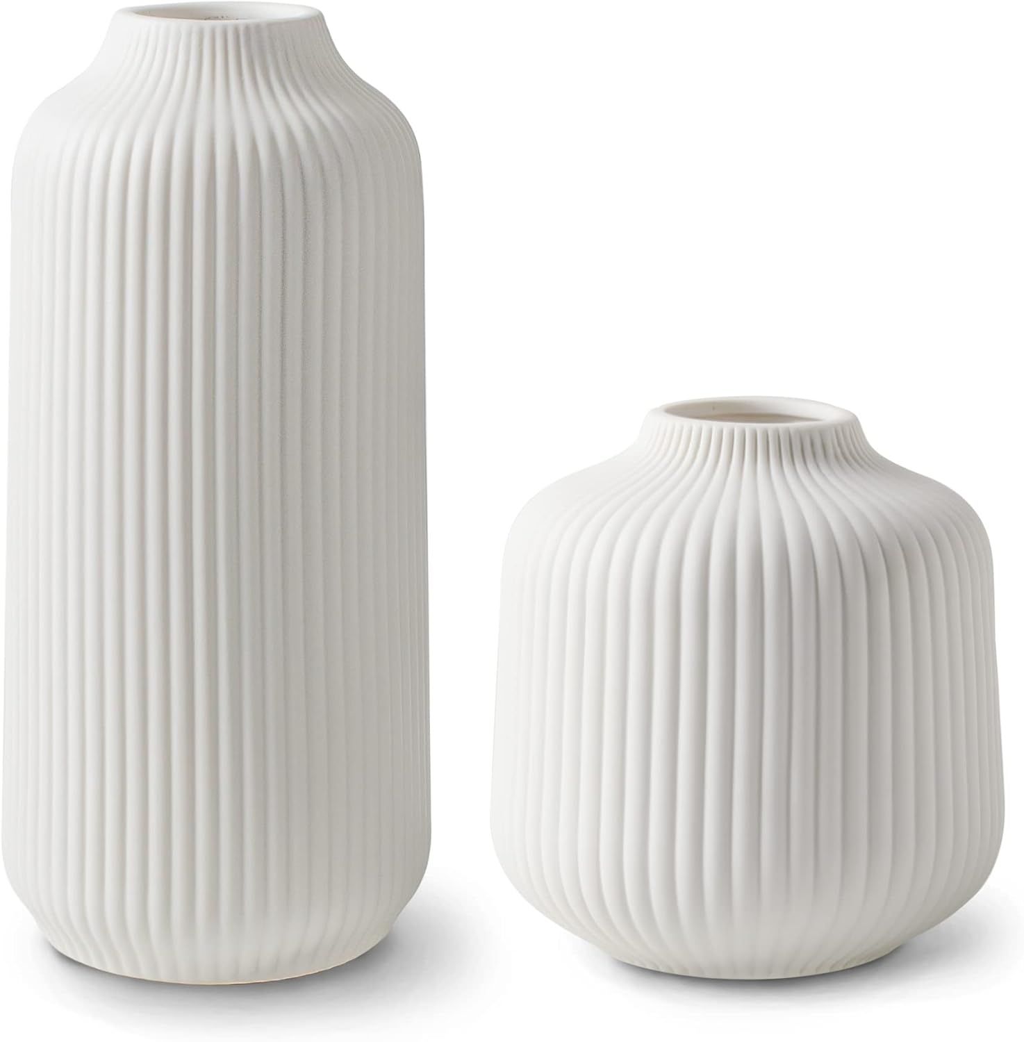 White Ceramic Grooved Cylinder Vases Set of 2