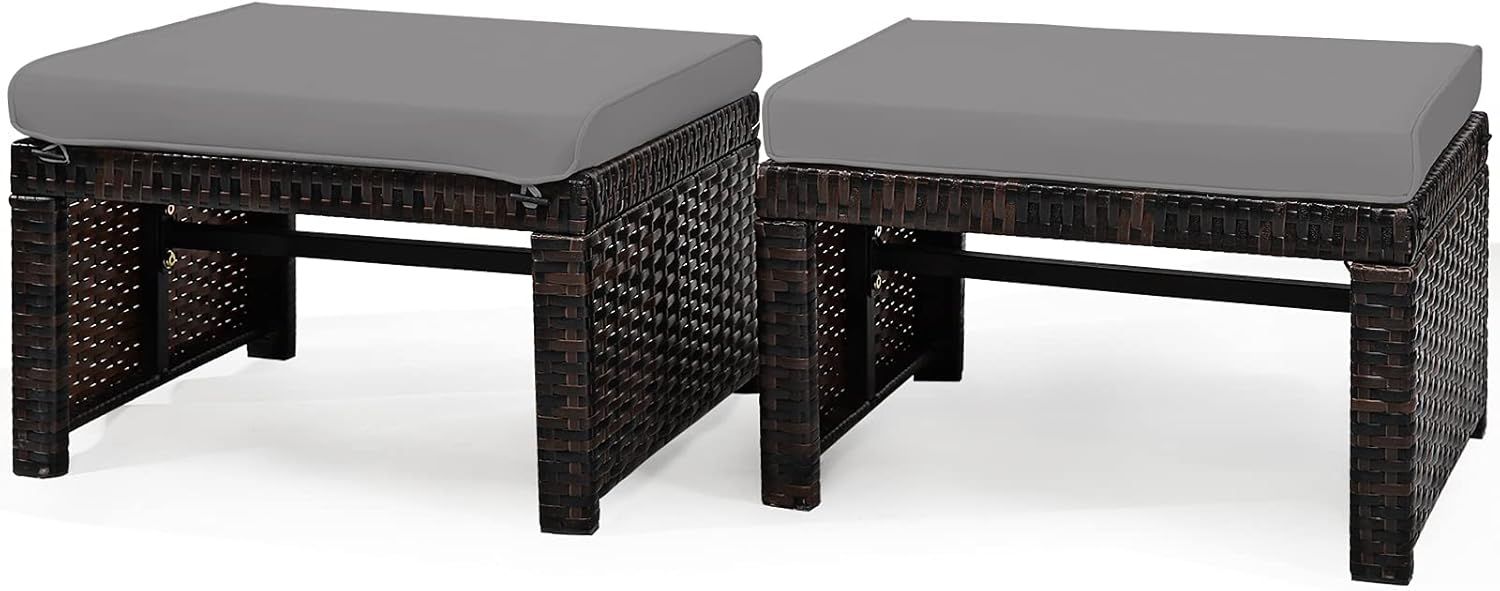 Outdoor Grey Cushioned PE Rattan Patio Ottomans, Set of 2